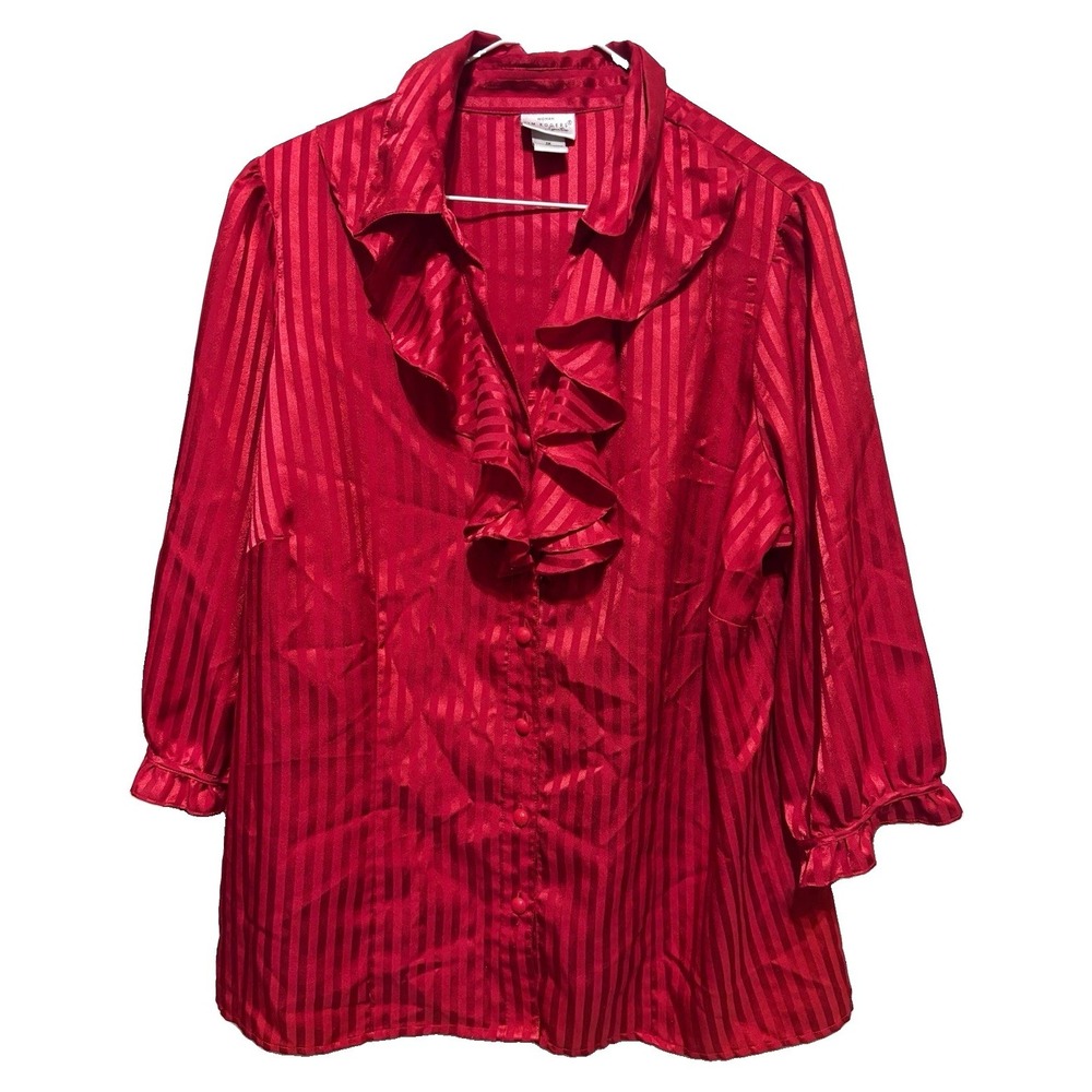 Kim Rogers Signature Women's Red Striped Satin Blouse, Collared, 3/4 Sleeve, 1X